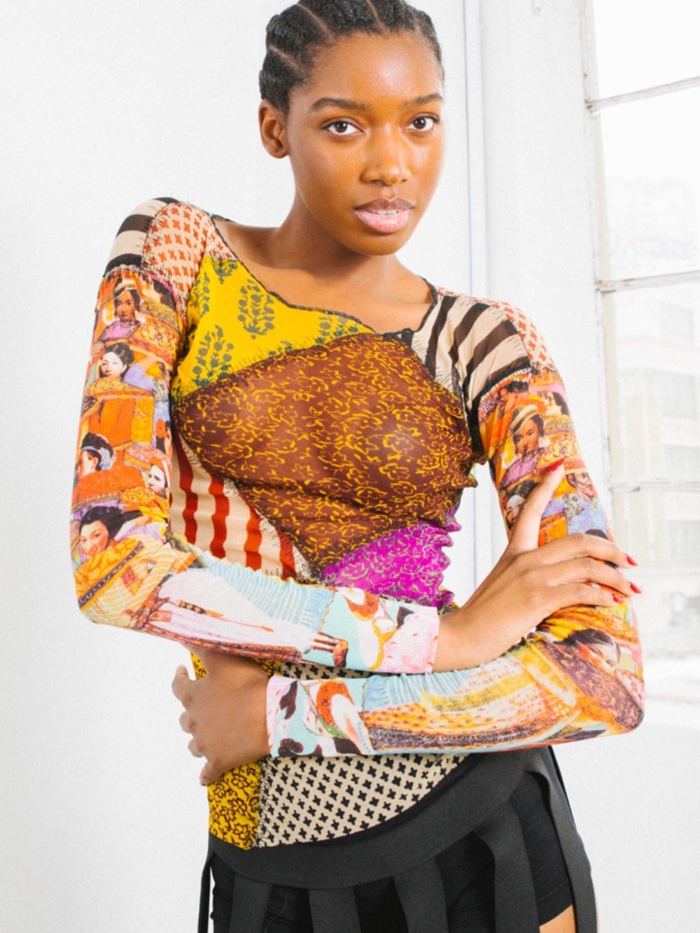Jean Paul Gaultier Soleil graphic patchwork sheer mesh long-sleeve top